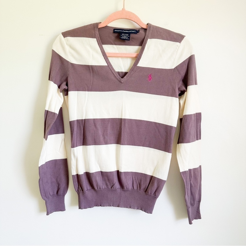Ralph Lauren Sport Purple White Stripe V Neck Pullover Sweater sz Small